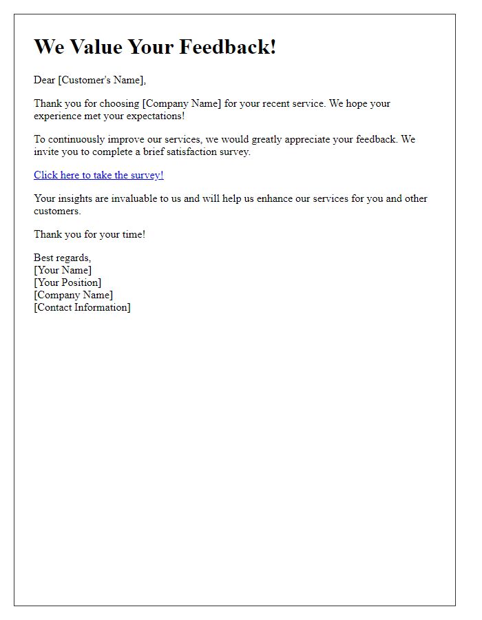 Letter template of satisfaction survey invitation for service feedback.