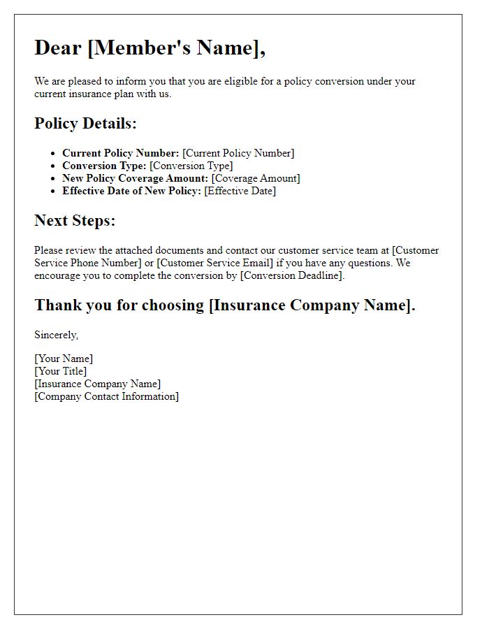 Letter template of policy conversion details for eligible members