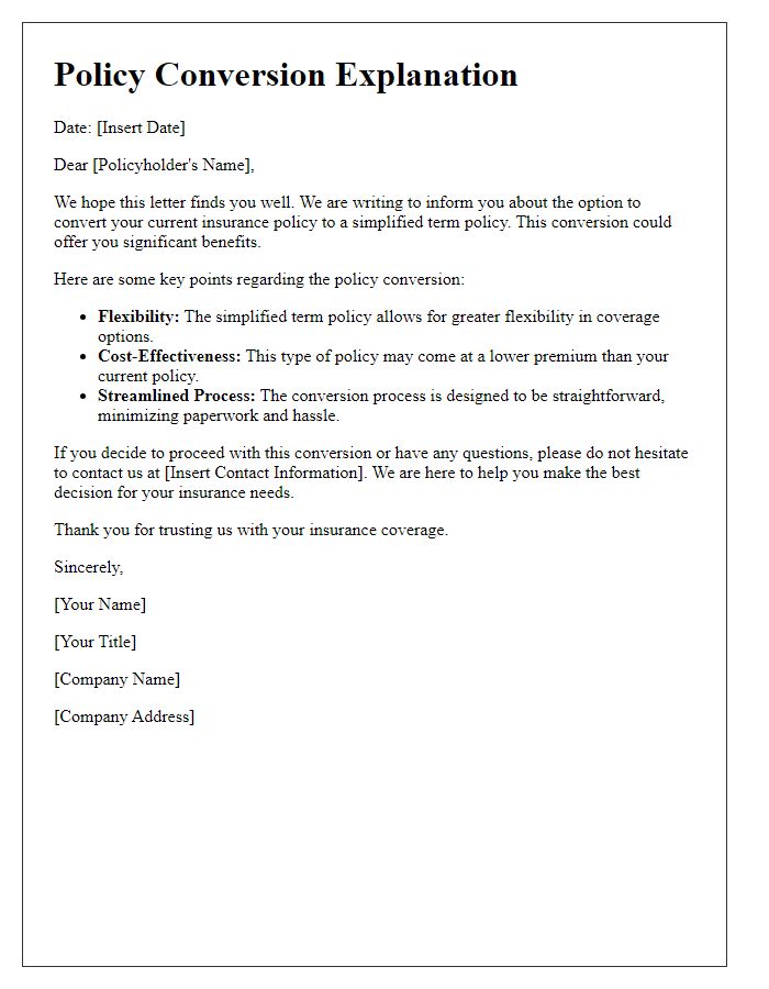 Letter template of policy conversion explanation for simplified terms