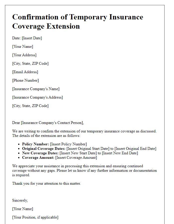 Letter template of confirmation of temporary insurance coverage extension