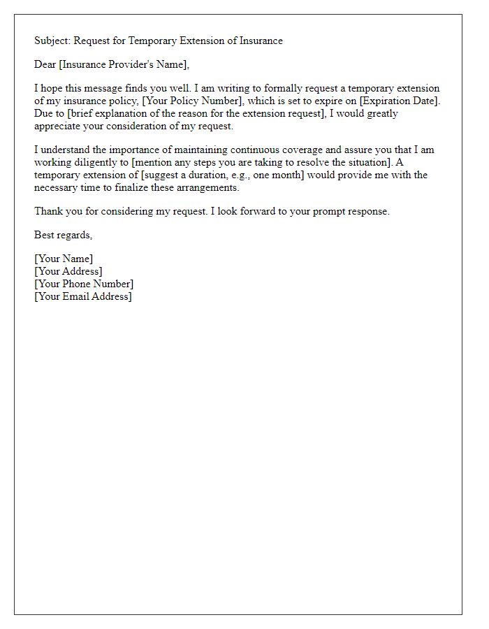 Letter template of email request for temporary extension of insurance