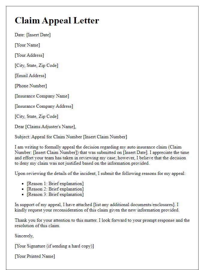 Letter template of claim appeal for auto insurance claims.