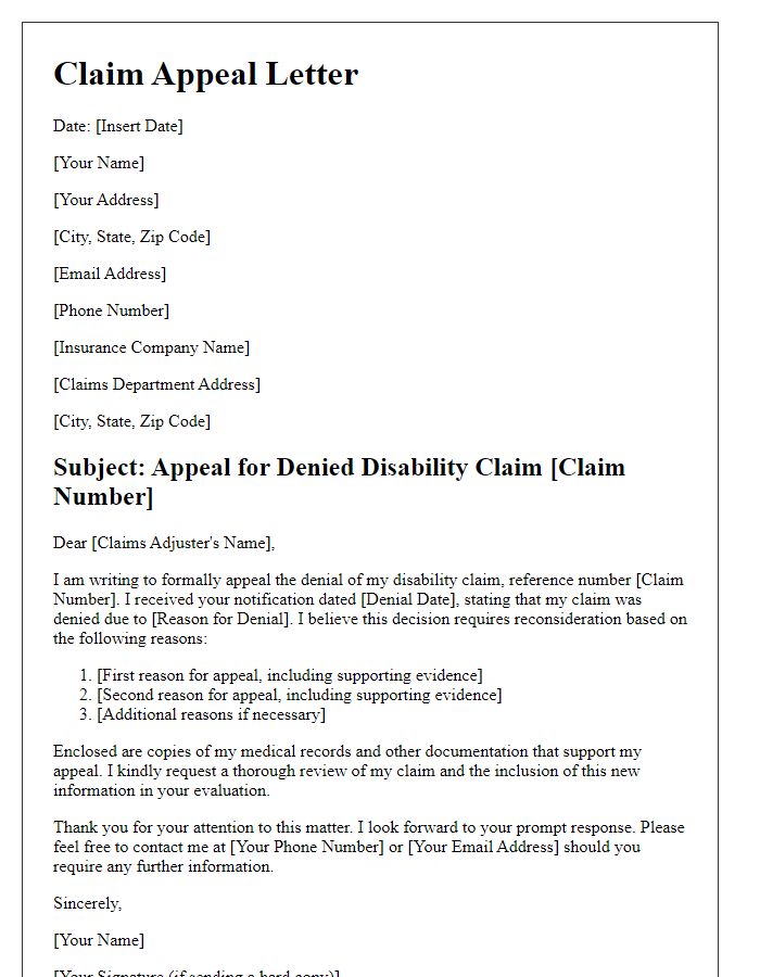 Letter template of claim appeal for disability claims.