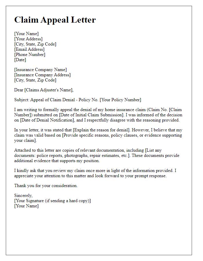 Letter template of claim appeal for home insurance disputes.