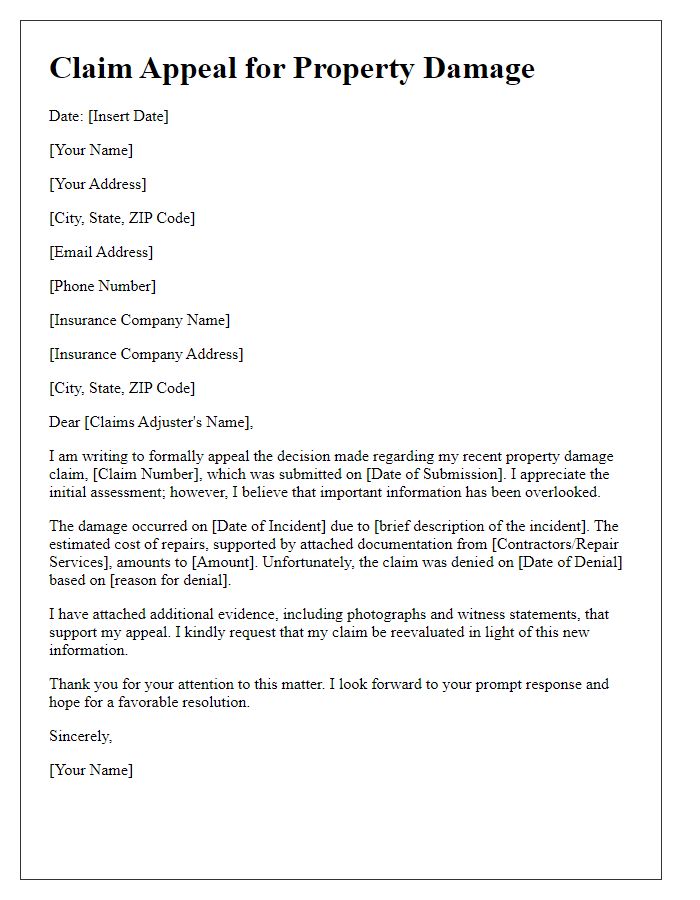 Letter template of claim appeal for property damage.