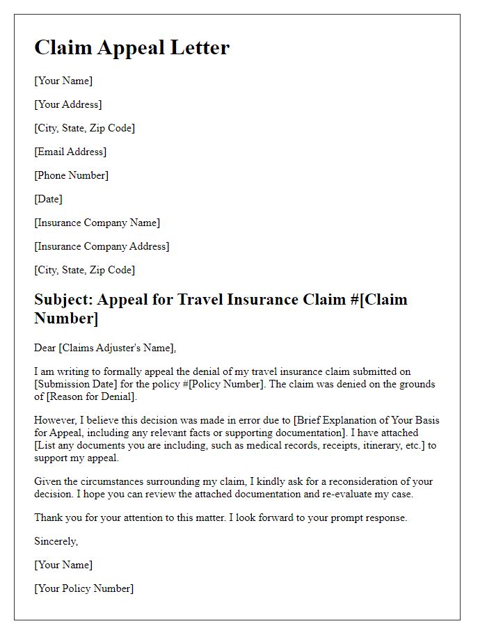 Letter template of claim appeal for travel insurance.