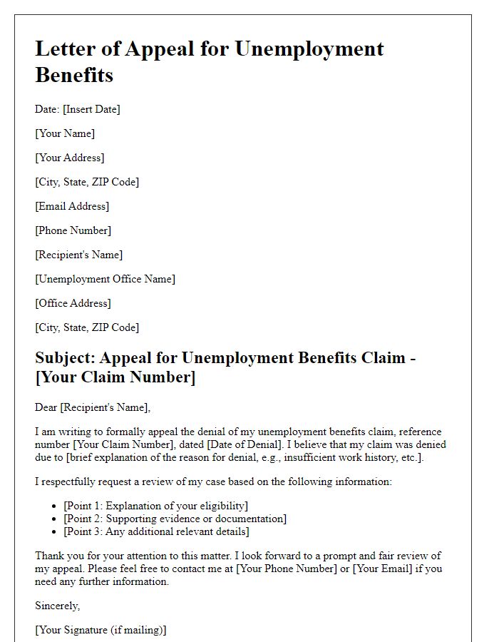 Letter template of claim appeal for unemployment benefits.