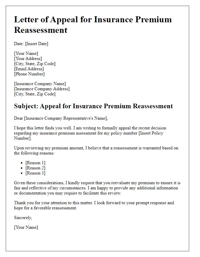 Letter template of appeal for insurance premium reassessment