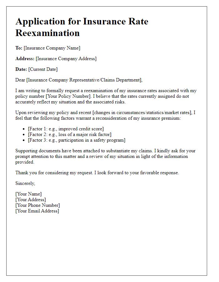 Letter template of application for insurance rate reexamination