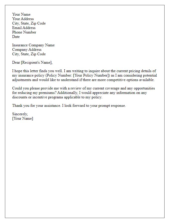 Letter template of inquiry about insurance pricing review