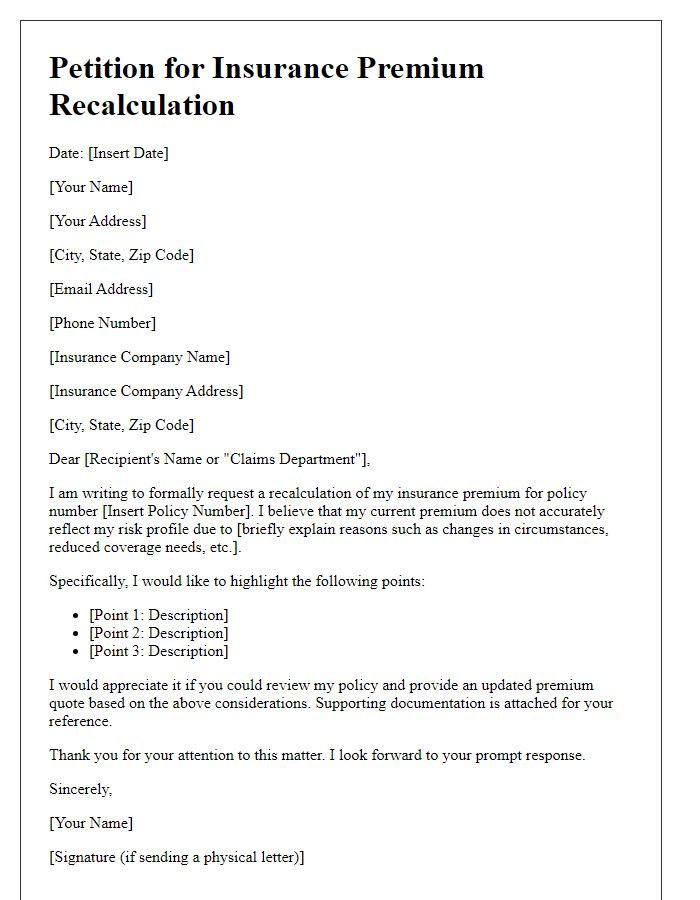 Letter template of petition for insurance premium recalculation