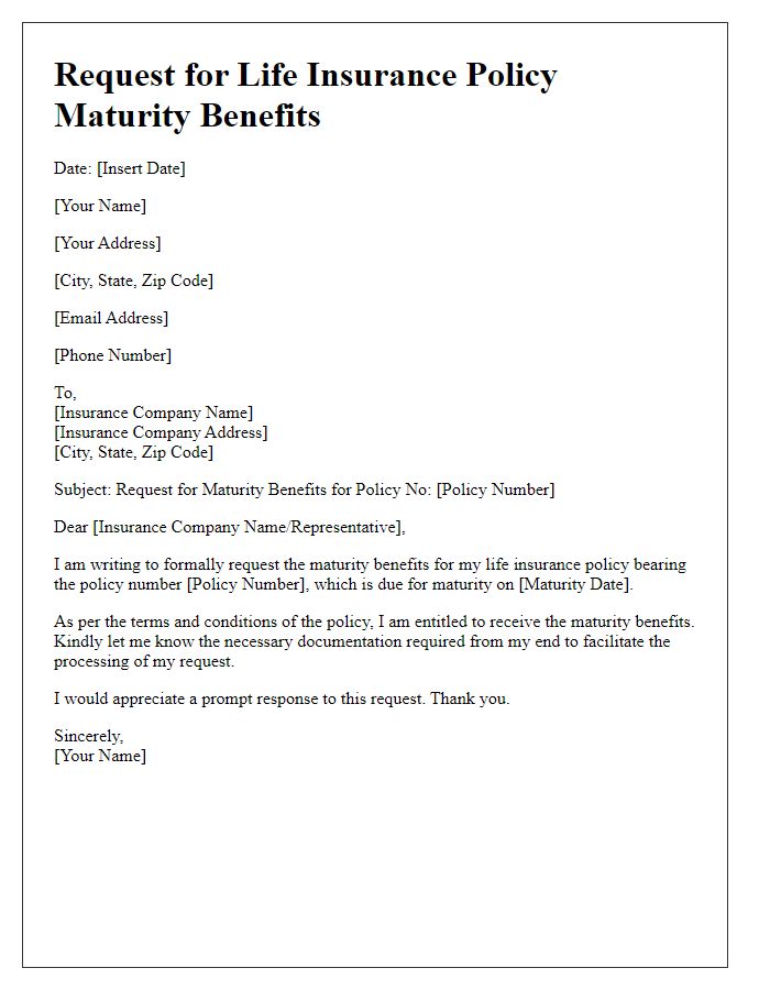 Letter template of life insurance policy maturity benefits request