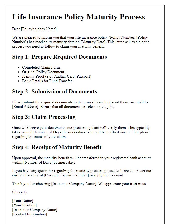 Letter template of life insurance policy maturity process explanation