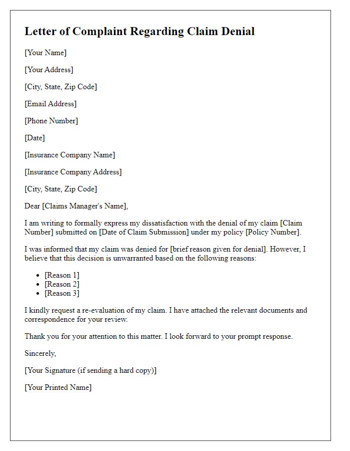 Letter template of insurance policy complaint for claim denial