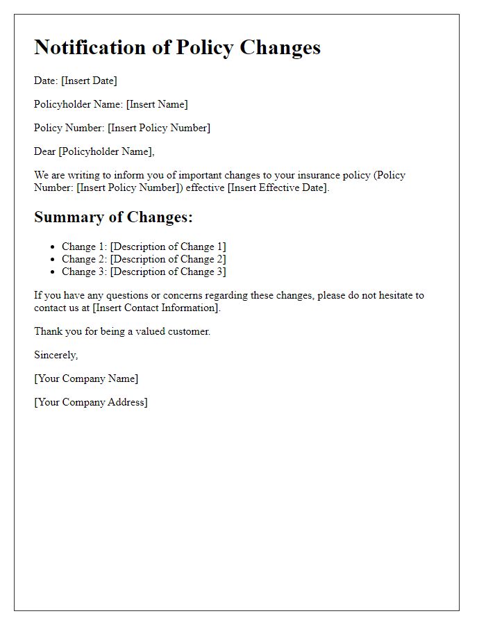 Letter template of insurance policy notification of policy changes