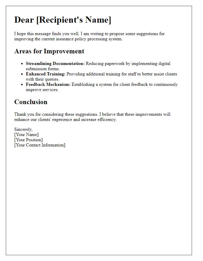 Letter template of insurance policy suggestion for process improvement