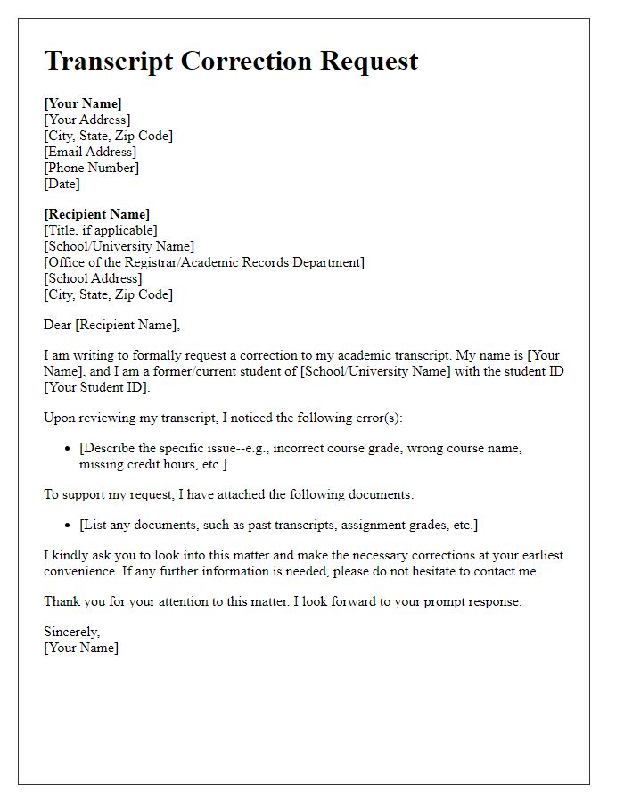 Letter template of transcript correction request for academic records