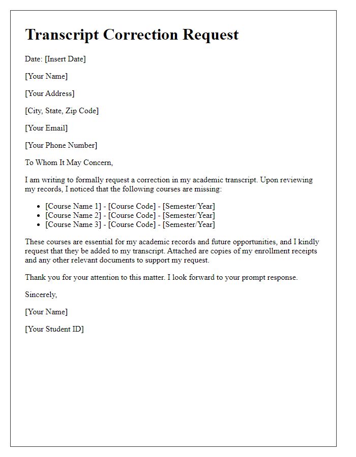 Letter template of transcript correction request for adding missing courses