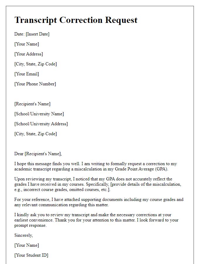 Letter template of transcript correction request for correcting GPA miscalculations