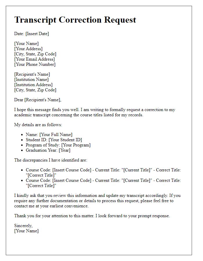 Letter template of transcript correction request for course title adjustments