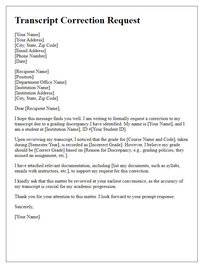 Letter template of transcript correction request for grading discrepancies