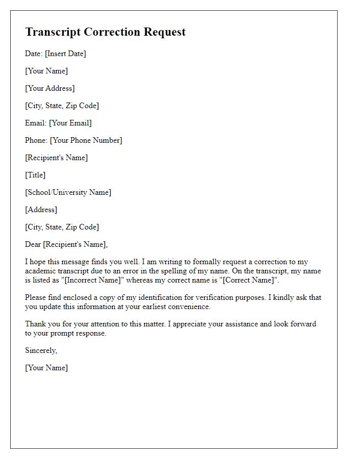 Letter template of transcript correction request for name errors