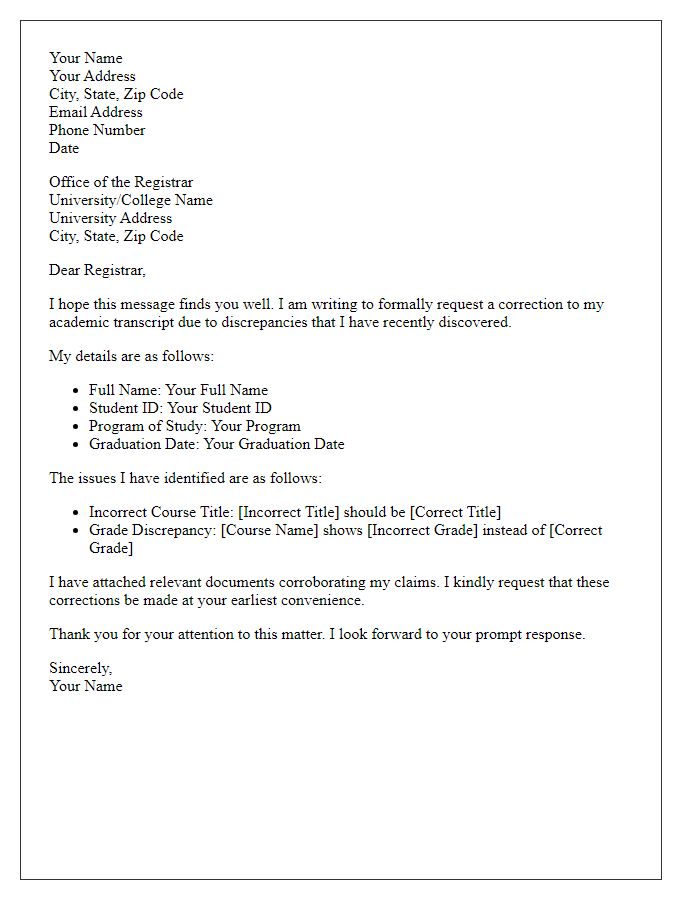 Letter template of transcript correction request for official documentation updates