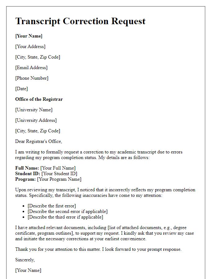 Letter template of transcript correction request for program completion errors