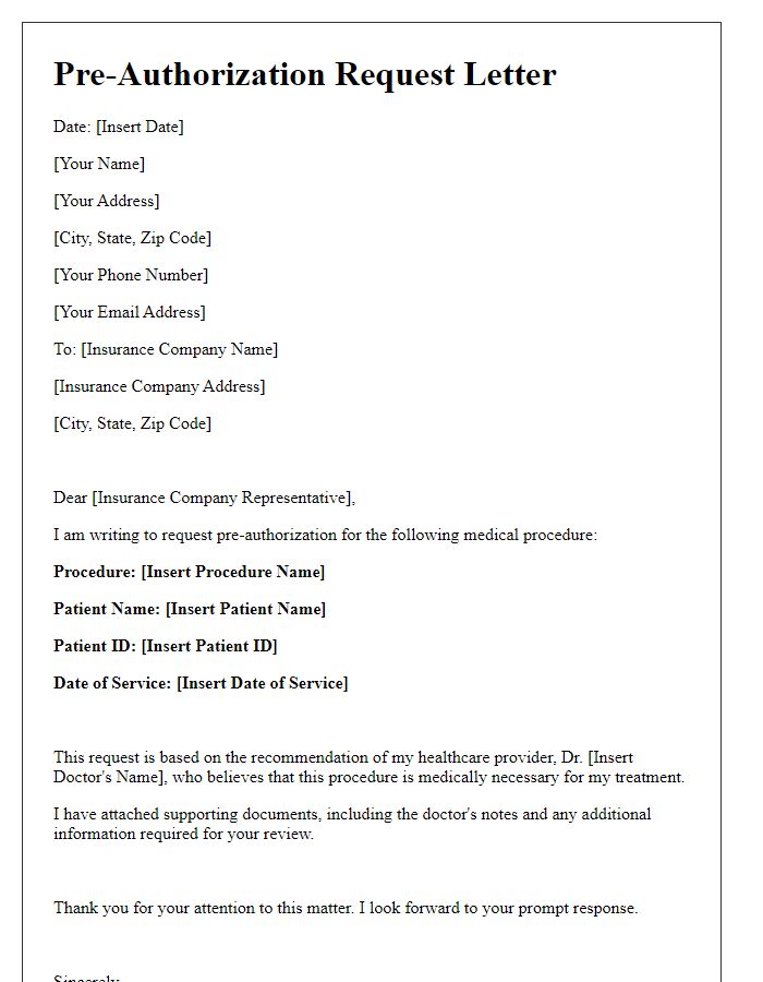 Letter template of health insurance pre-authorization request