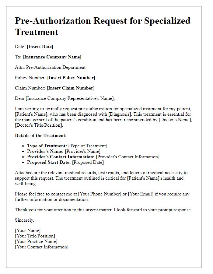 Letter template of health insurance pre-authorization for specialized treatments