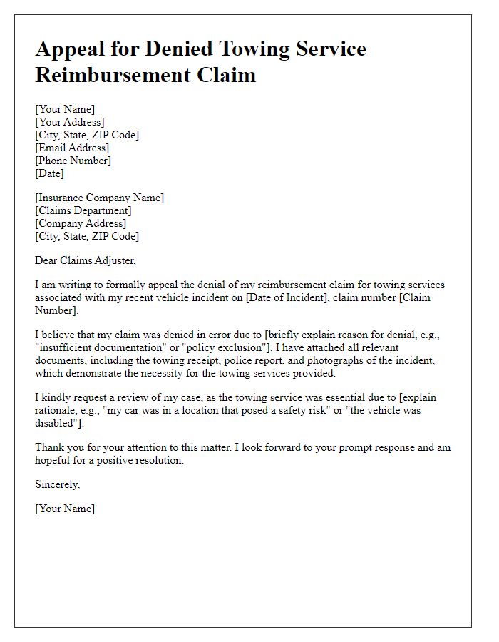 Letter template of towing service reimbursement appeal for denied claims.