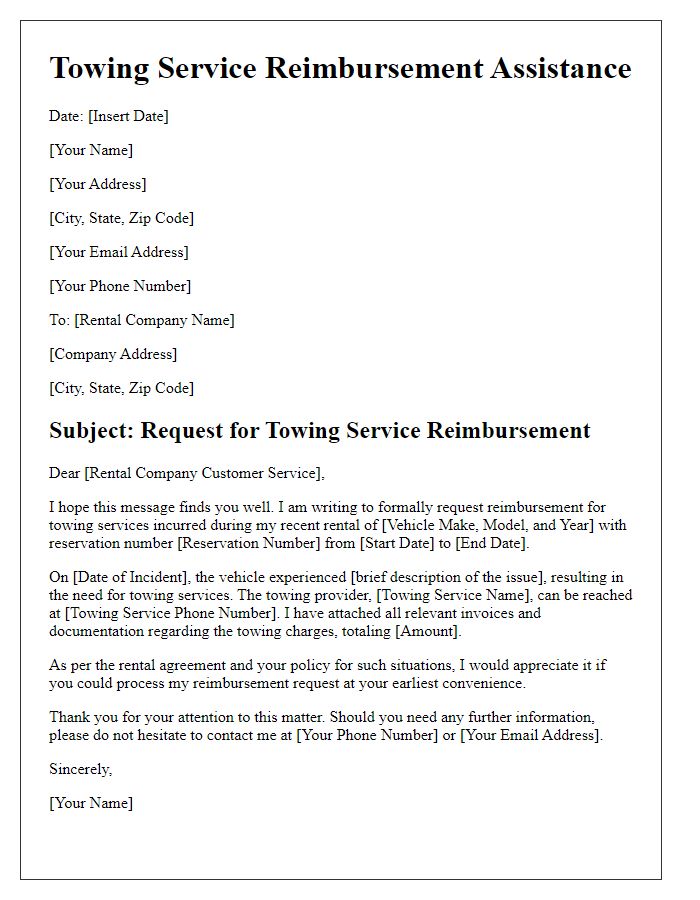 Letter template of towing service reimbursement assistance for rental vehicles.