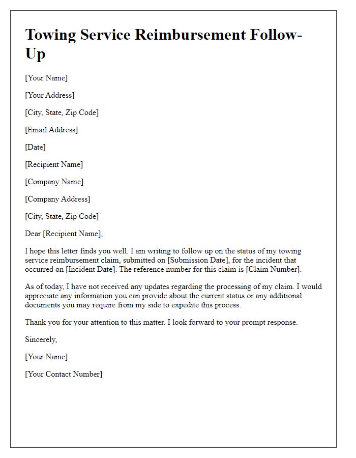 Letter template of towing service reimbursement follow-up for pending claims.