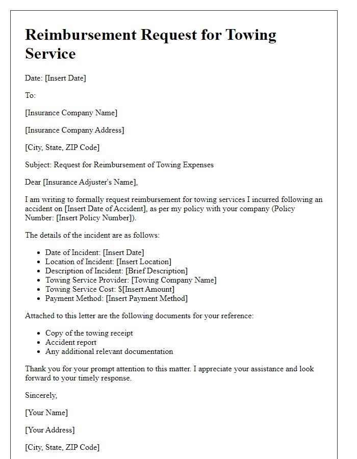 Letter template of towing service reimbursement request for accident-related towing.