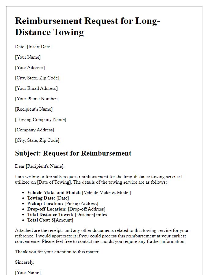 Letter template of towing service reimbursement request for long-distance towing.