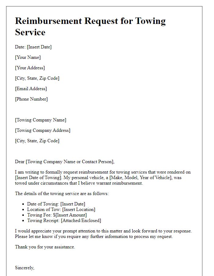 Letter template of towing service reimbursement request for personal vehicle.