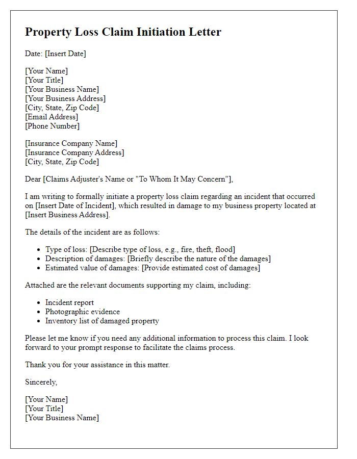 Letter template of property loss claim initiation for business owners.