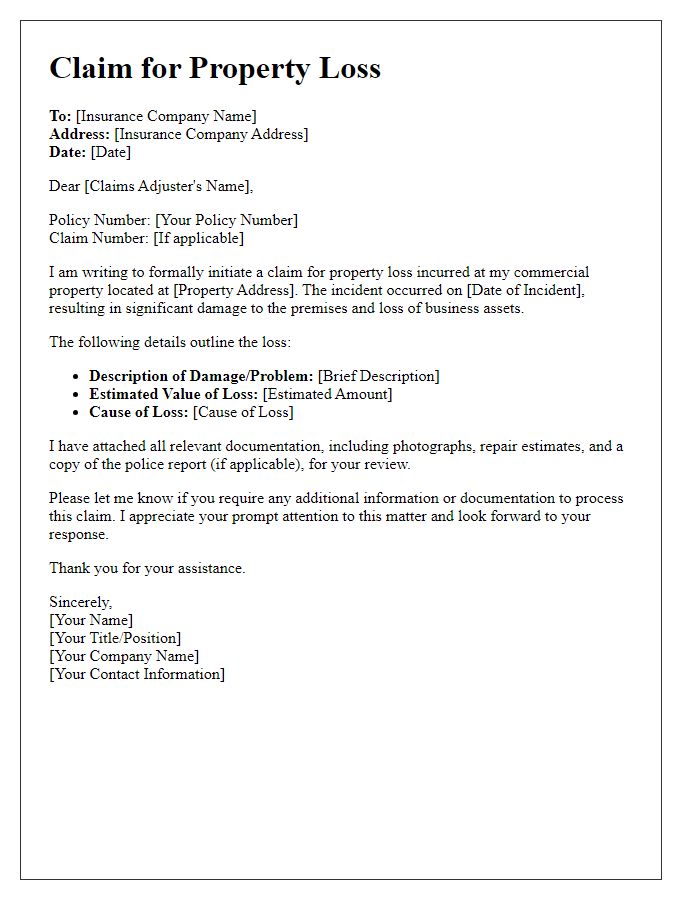 Letter template of property loss claim initiation for commercial property.