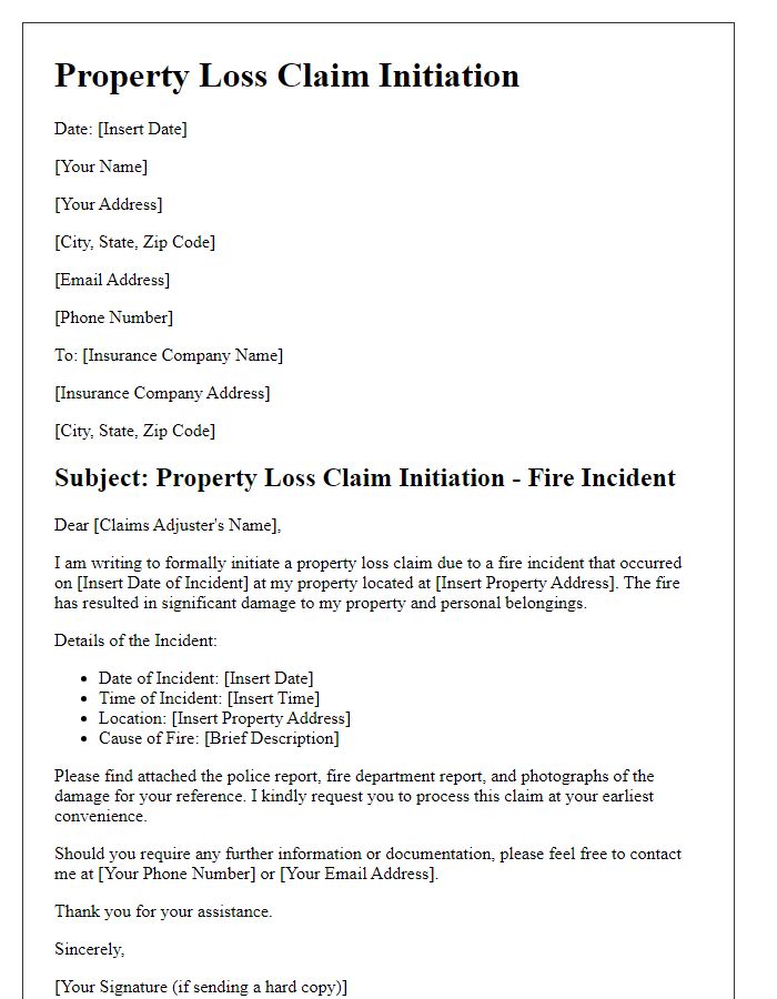 Letter template of property loss claim initiation for fire-related incidents.