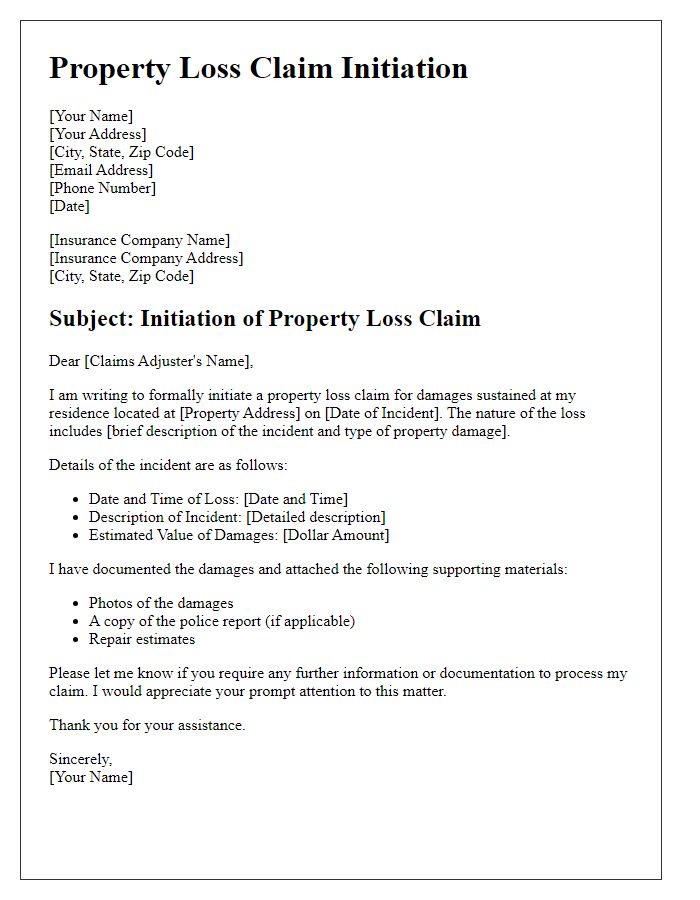 Letter template of property loss claim initiation for homeowners.