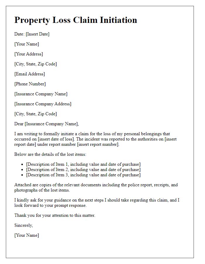 Letter template of property loss claim initiation for personal belongings.