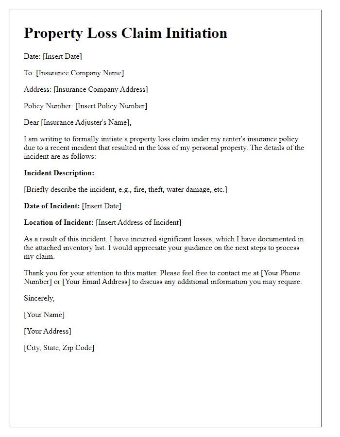 Letter template of property loss claim initiation for renters.