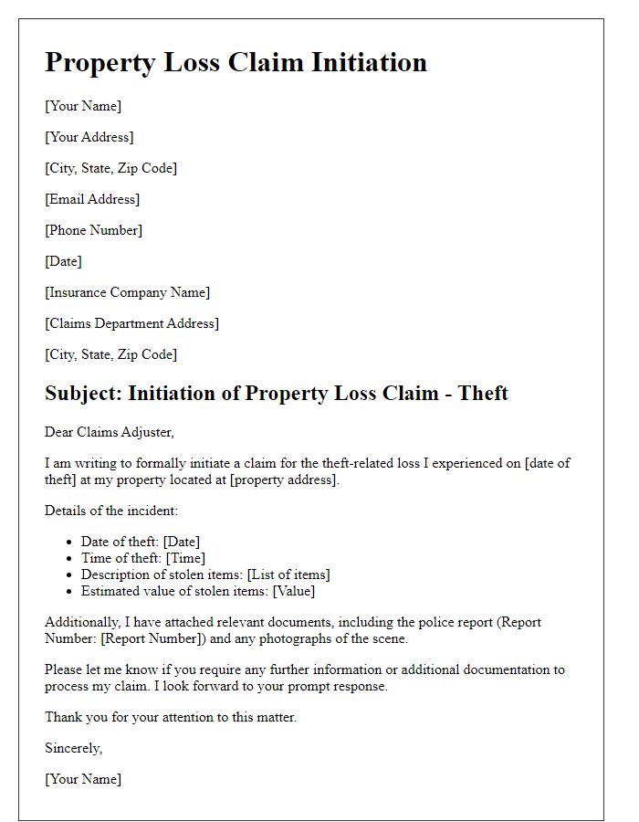 Letter template of property loss claim initiation for theft-related losses.