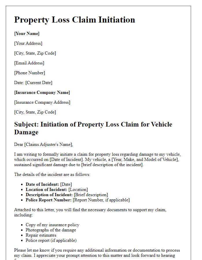 Letter template of property loss claim initiation for vehicle damage.