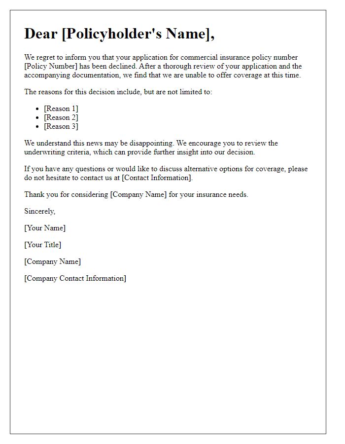 Letter template of policy underwriting rejection for commercial insurance