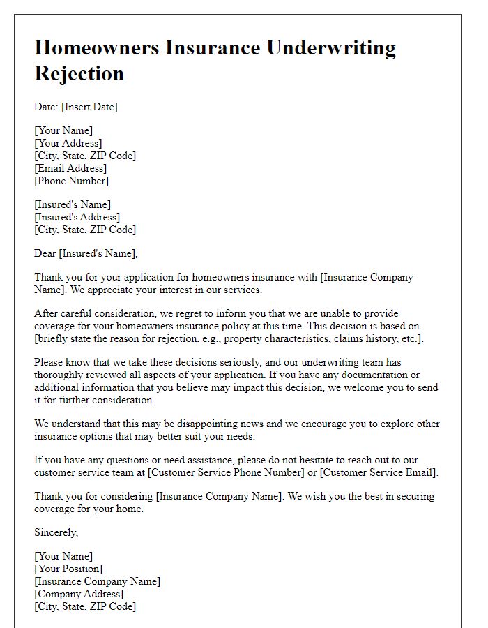 Letter template of policy underwriting rejection for homeowners insurance