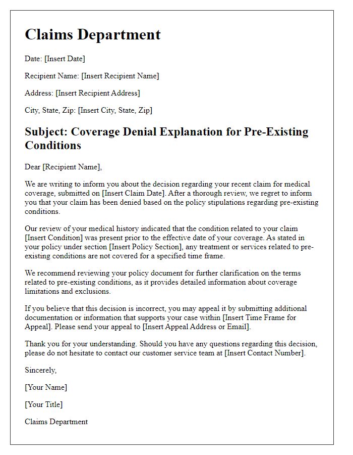 Letter template of claims department coverage denial explanation for pre-existing conditions.