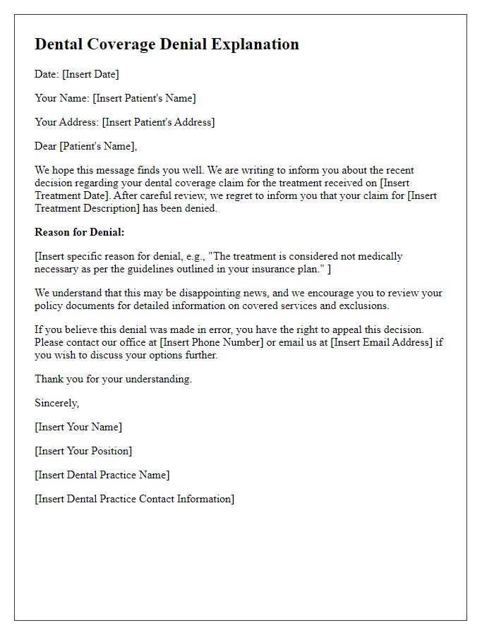 Letter template of dental coverage denial explanation for treatments.