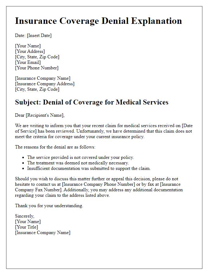 Letter template of insurance coverage denial explanation for medical services.