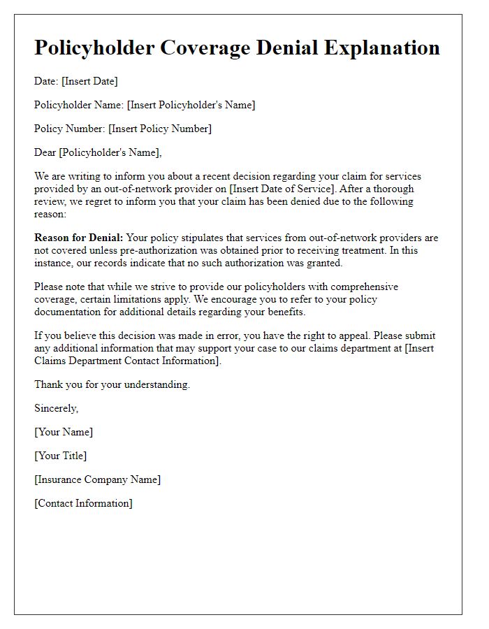 Letter template of policyholder coverage denial explanation for out-of-network providers.